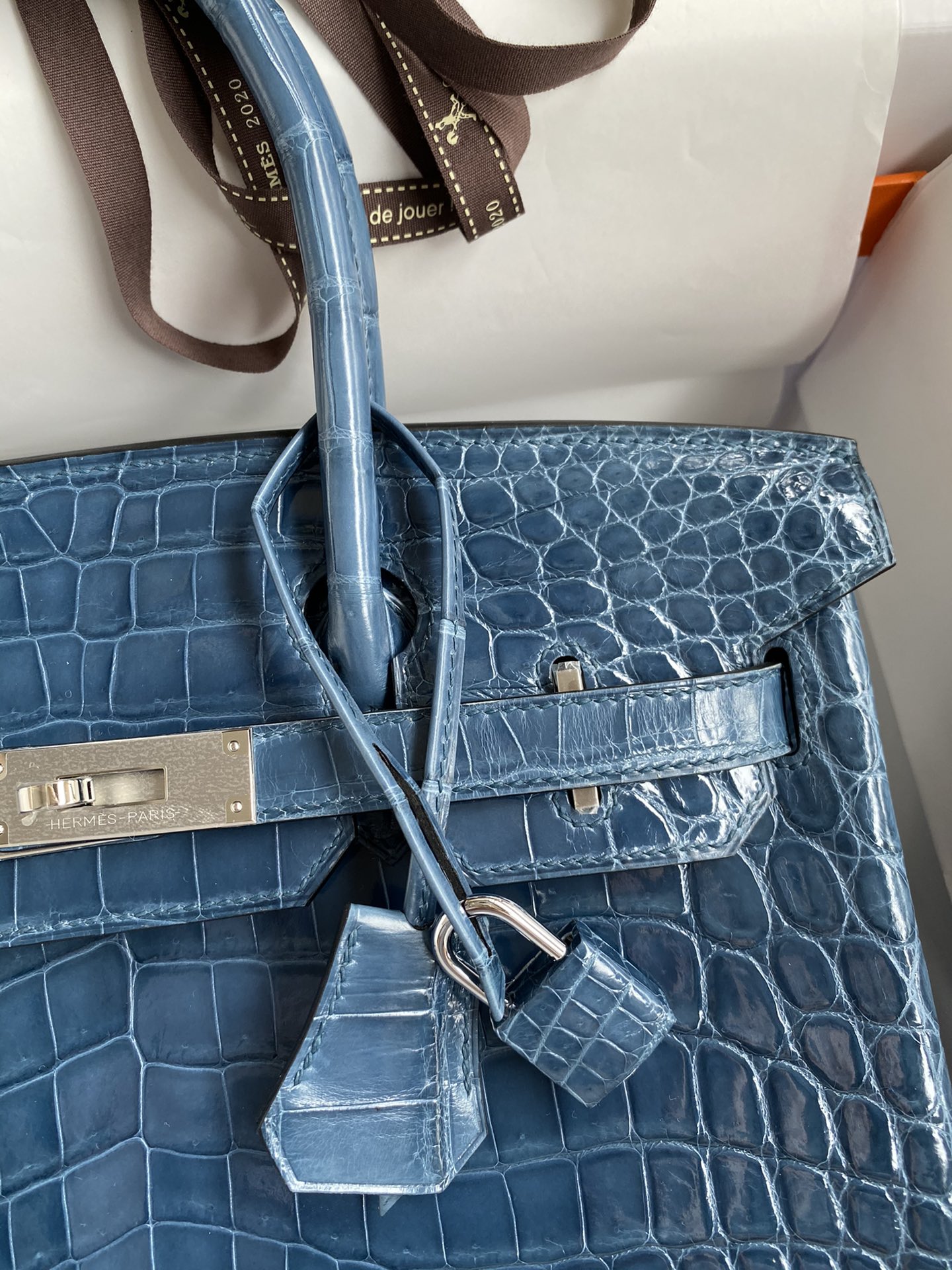 Hermes Birkin 30CM Handmade Bag In Blue Tempete Crocodile Niloticus Shiny Skin